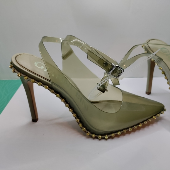 Beautiful smoky sage green, clear sling backs; w/ crystal trim - Picture 3 of 5